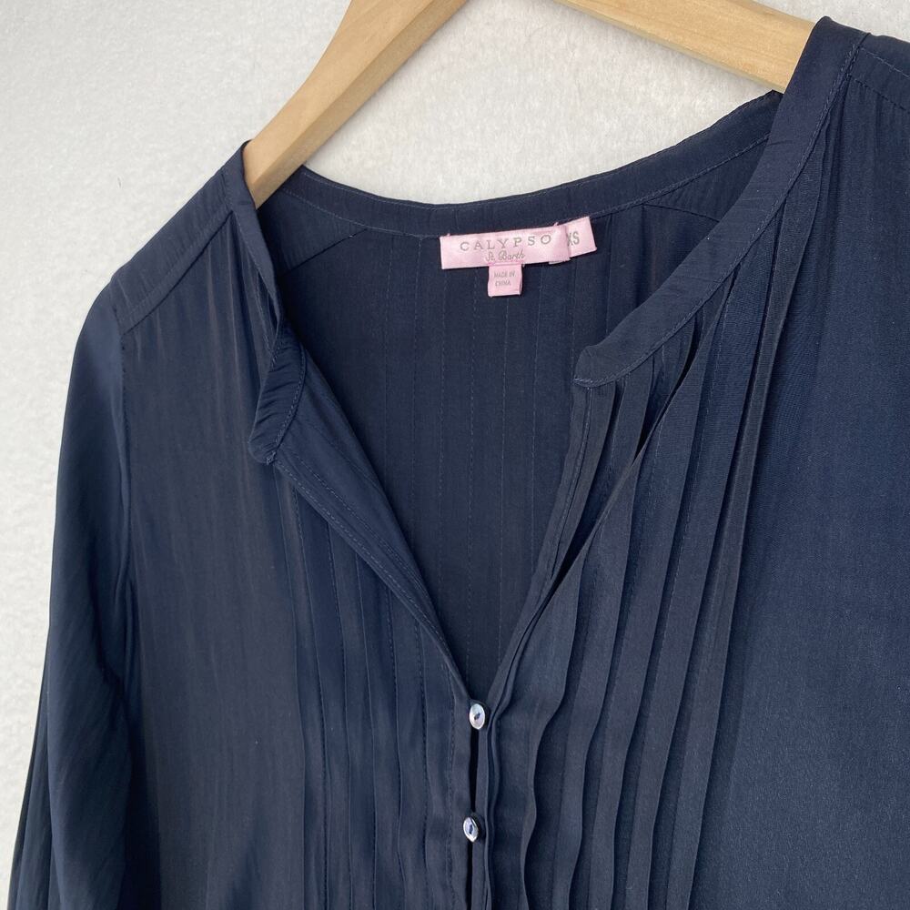 CALYPSO ST BARTH Top XS Satin Tunic Blouse Pintuck Popover Long Sleeve Blue - Picture 5 of 12